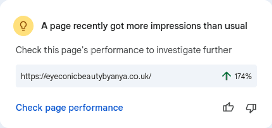 Google Search Console insight showing the Eyeconic Beauty homepage with impressions up 174%
